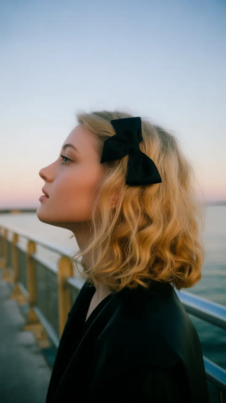spring hairstyles 2026 Soft Blonde Waves with Bow Accent