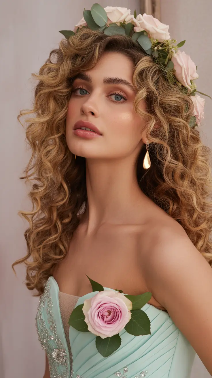 spring hairstyles 2026 Curly Hair Crown with Floral Touch