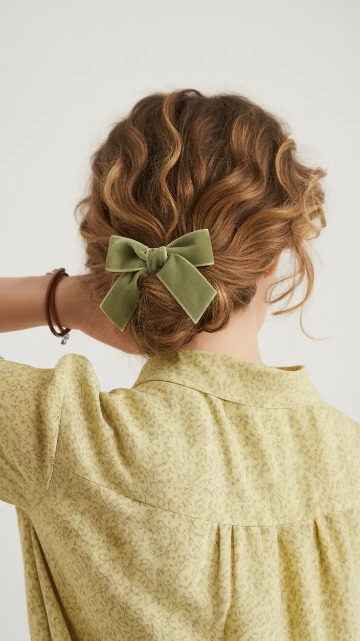 spring hairstyles 2026 Low Curly Bun with Bow Detail