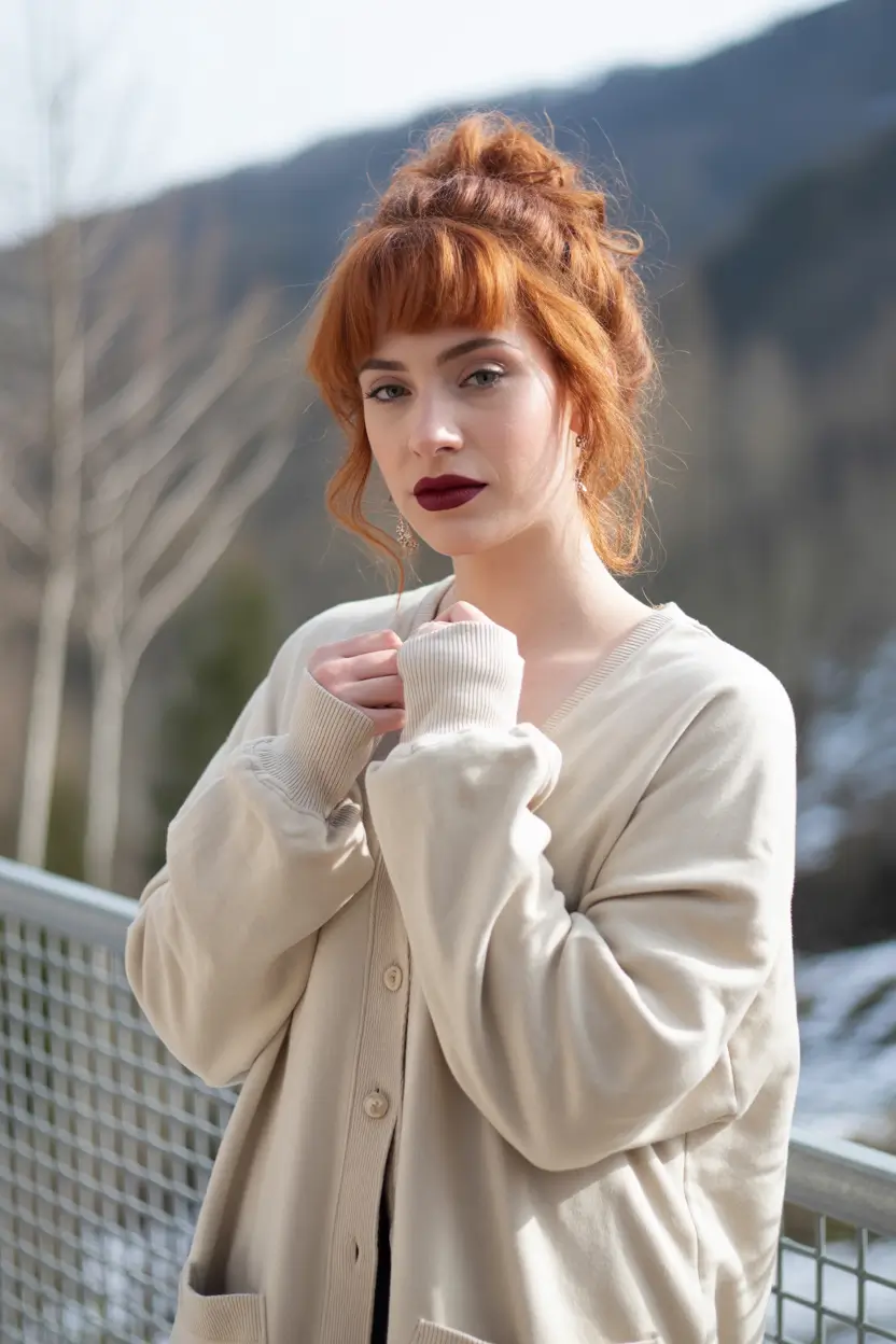 spring hairstyles 2026 Romantic Ginger Updo with Soft Fringe