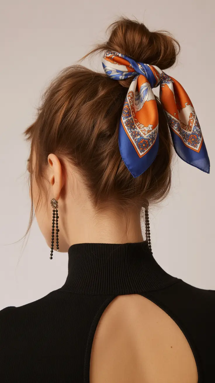 spring hairstyles 2026 Effortless Bun with Silk Scarf Accent