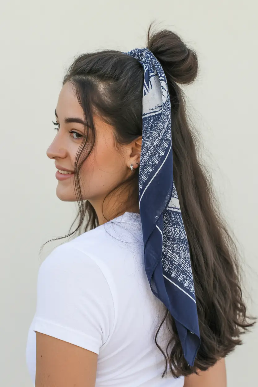 spring hairstyles 2026 Relaxed Half Up with Scarf Detail