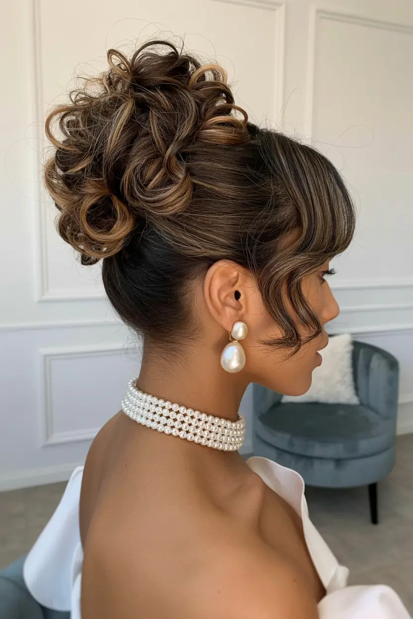 spring hair color for brown skin 2026 Romantic Brunette Updo with Golden Dimension