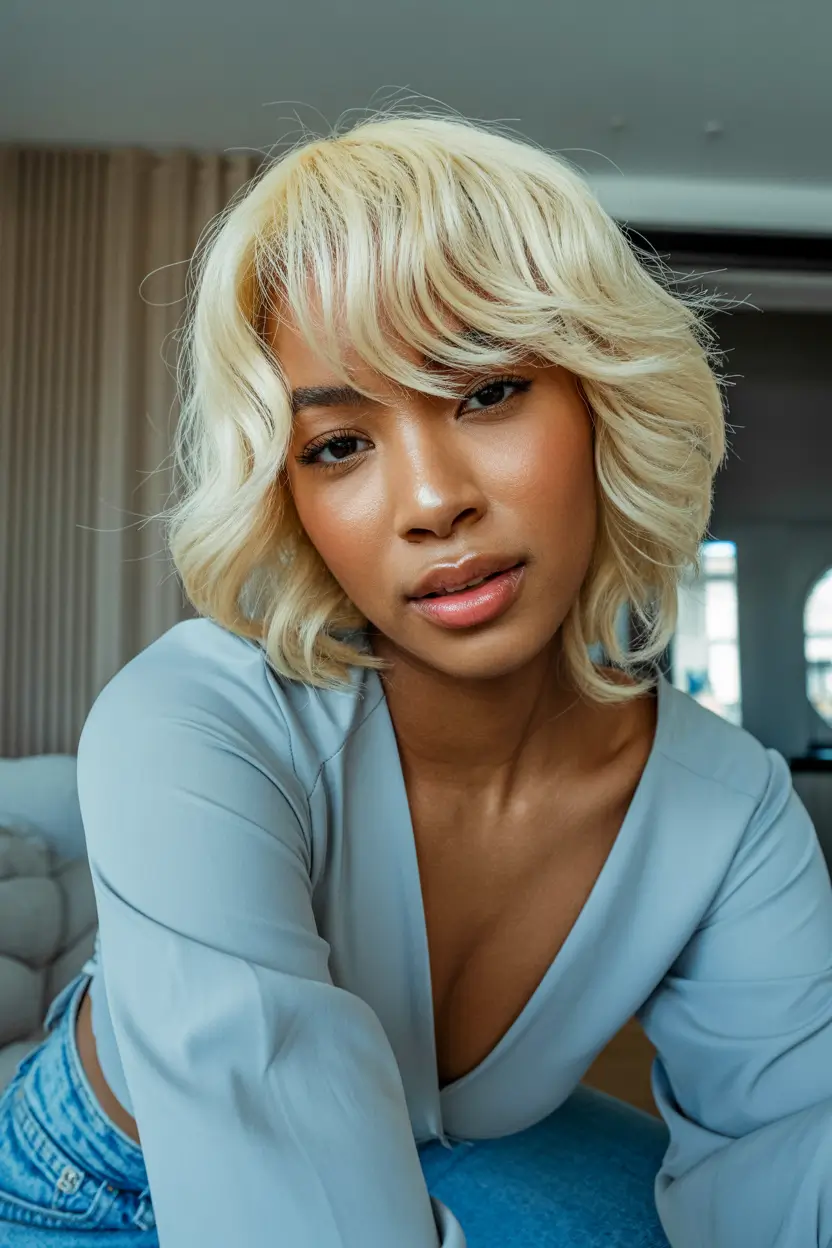 spring hair color for brown skin 2026 Buttercream Blonde Shag with Airy Layers