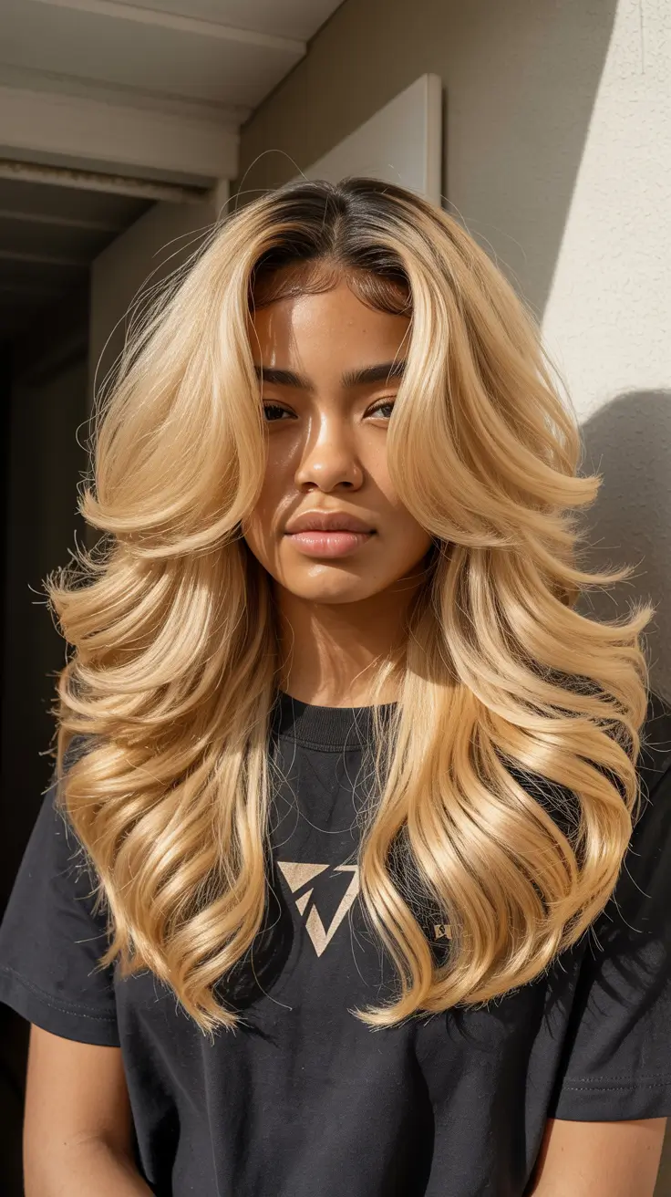 spring hair color for brown skin 2026 Golden Champagne Layers with Volume