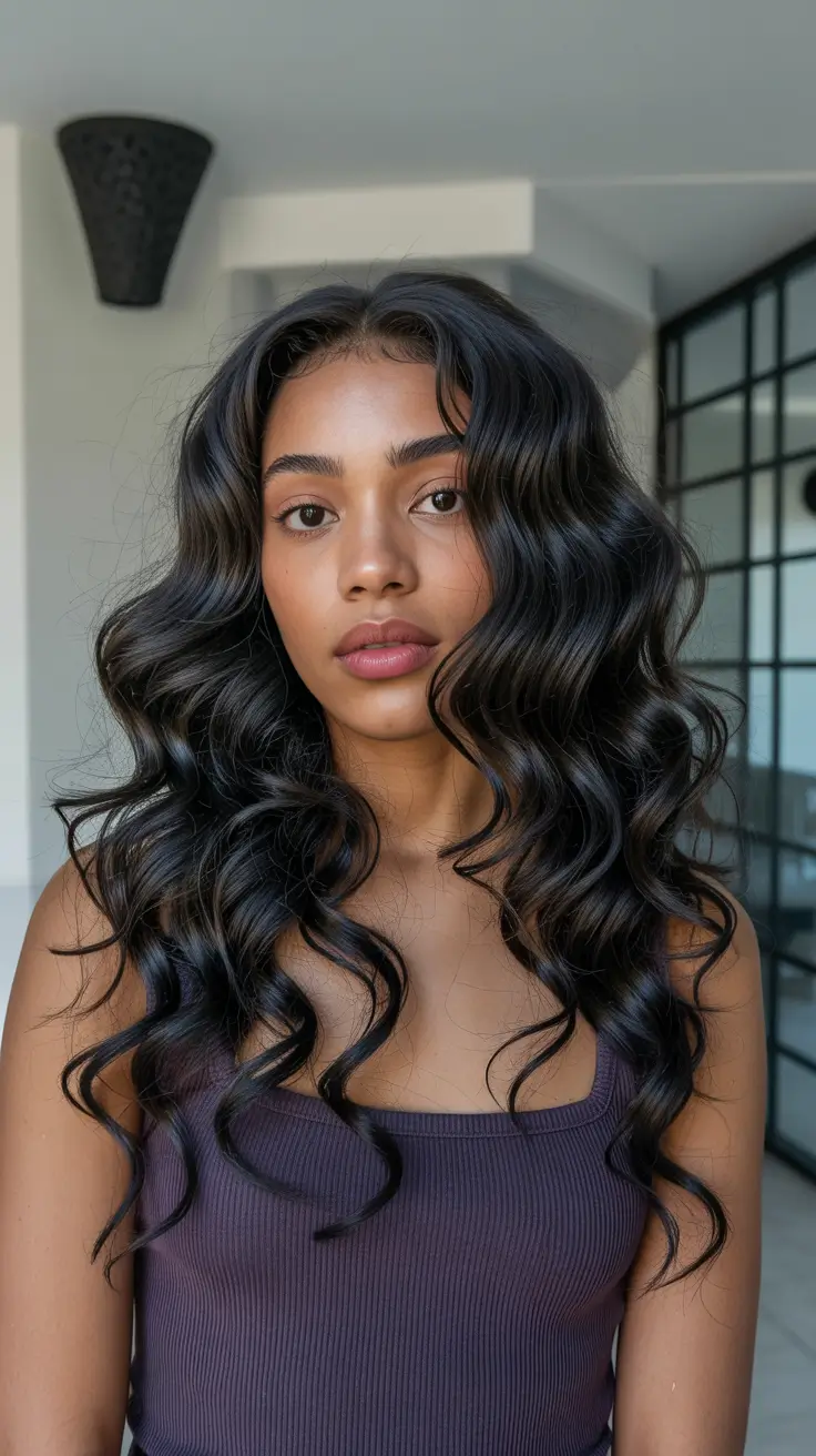 spring hair color for brown skin 2026 Glossy Espresso Waves with Soft Definition