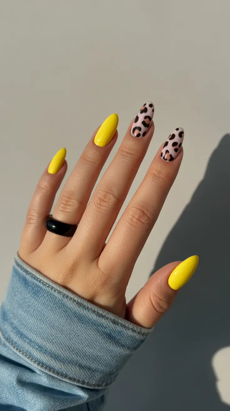Cute Bright Spring Nails 2026 Sunshine Yellow Meets Playful Leopard