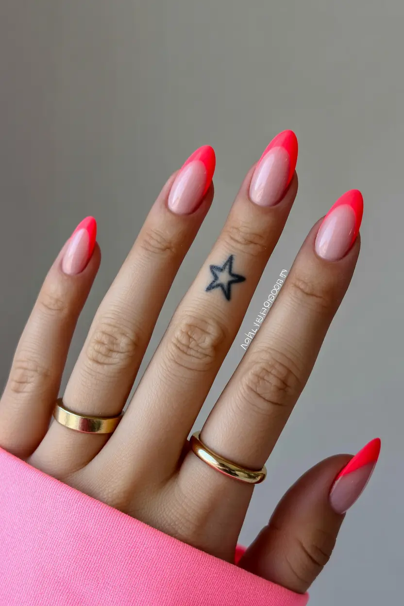 Cute Bright Spring Nails 2026 Neon Coral French Almond