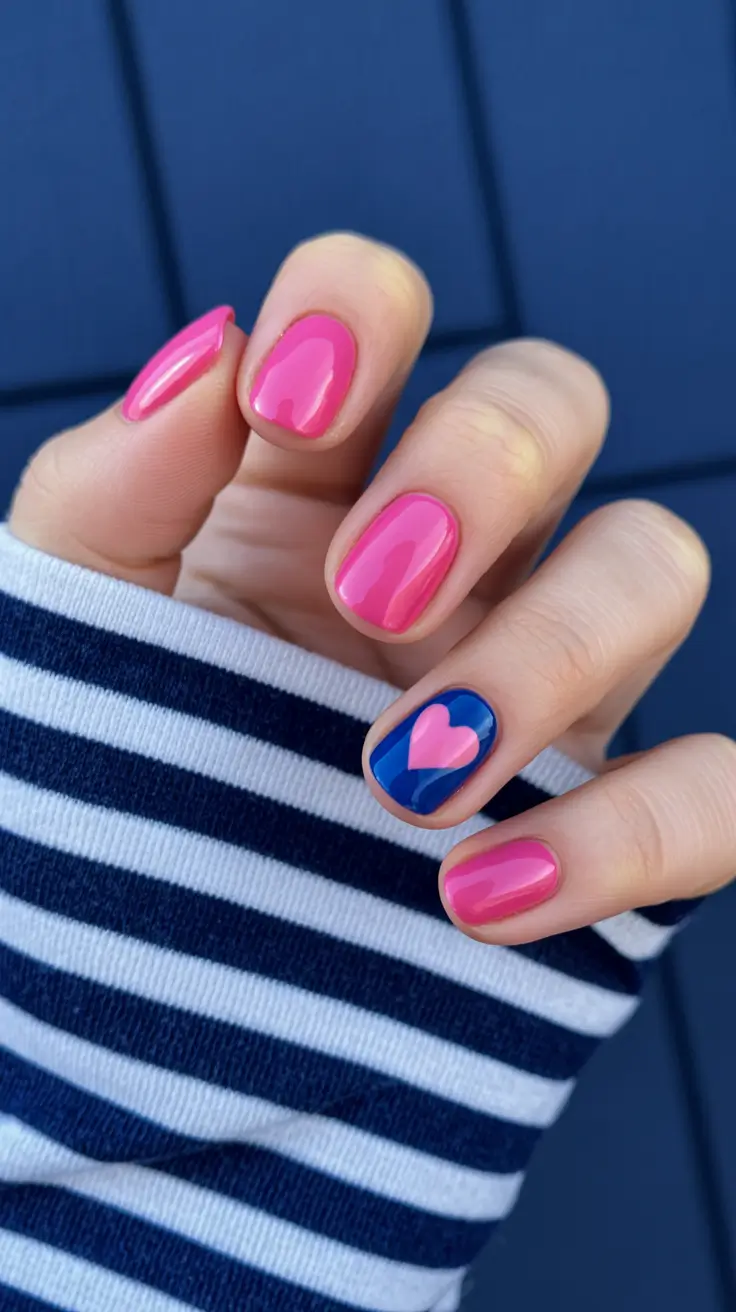 Cute Bright Spring Nails 2026 Pink and Navy Heart Accent