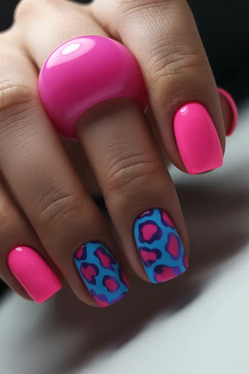 Cute Bright Spring Nails 2026 Blue and Pink Leopard Pop