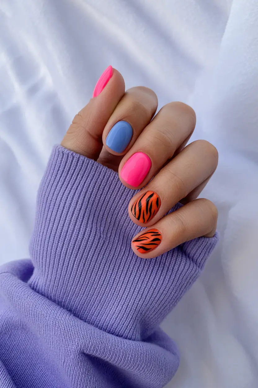 Cute Bright Spring Nails 2026 Color Block with Tiger Stripes