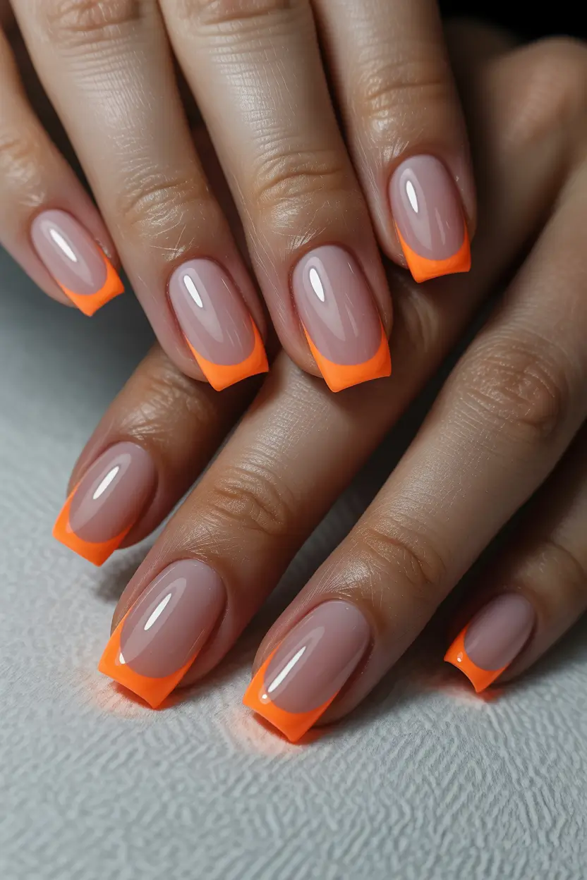 Cute Bright Spring Nails 2026 Neon Orange French Tip on Modern Square
