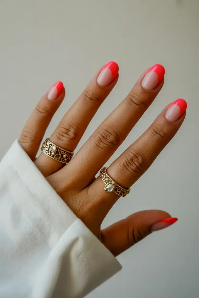 Cute Bright Spring Nails 2026 Coral French Almond for Fresh Spring Days