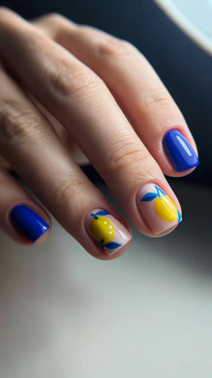 Cute Bright Spring Nails 2026 Blue and Lemon Short Spring Art