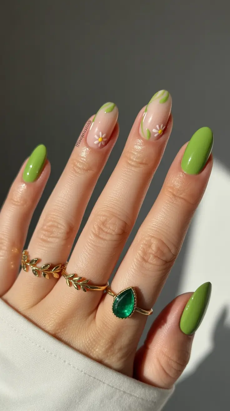 Cute Bright Spring Nails 2026 Green Almond with Minimal Flower Accents