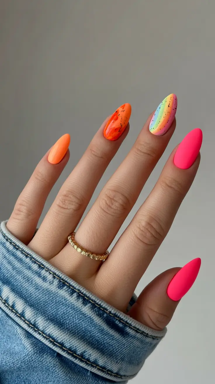Cute Bright Spring Nails 2026 Neon Rainbow Accent