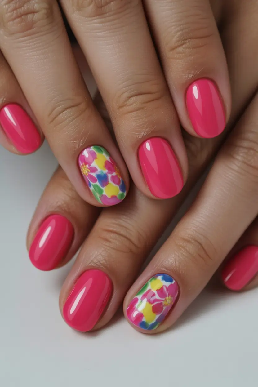 Cute Bright Spring Nails 2026 Glossy Pink with Watercolor Florals