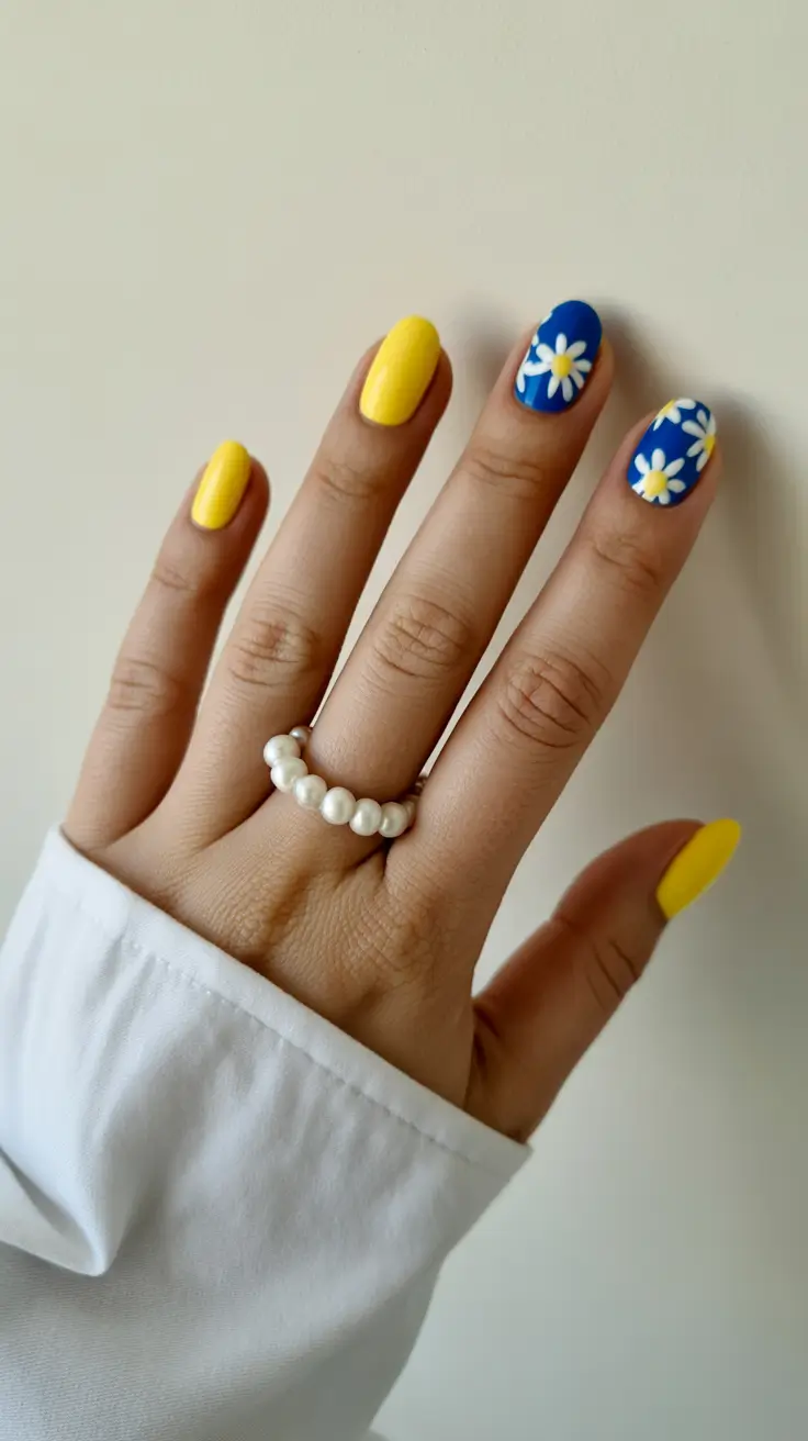Cute Bright Spring Nails 2026 Blue and Yellow Daisy Mix