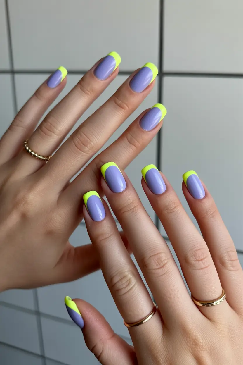 Cute Bright Spring Nails 2026 Lavender Base with Neon French Tip