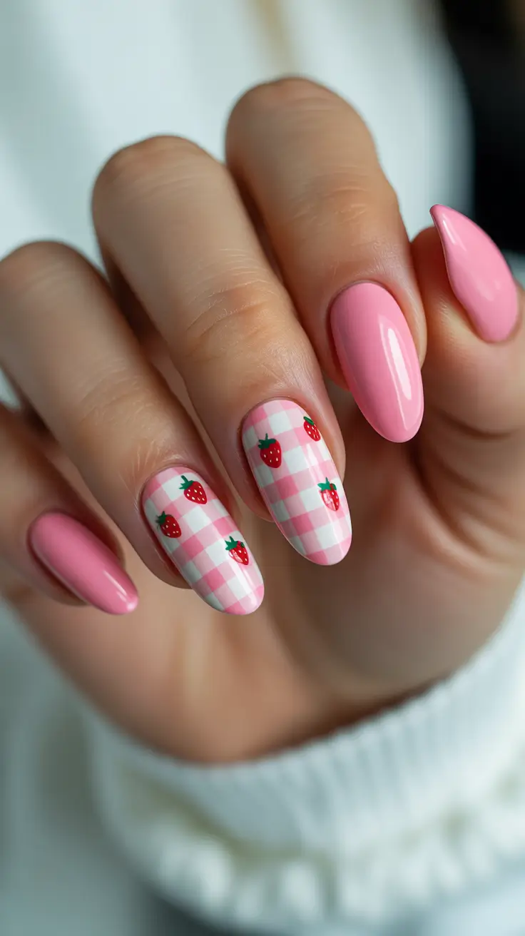 Cute Fun Spring Nails 2026 Strawberry Picnic Almond Nails
