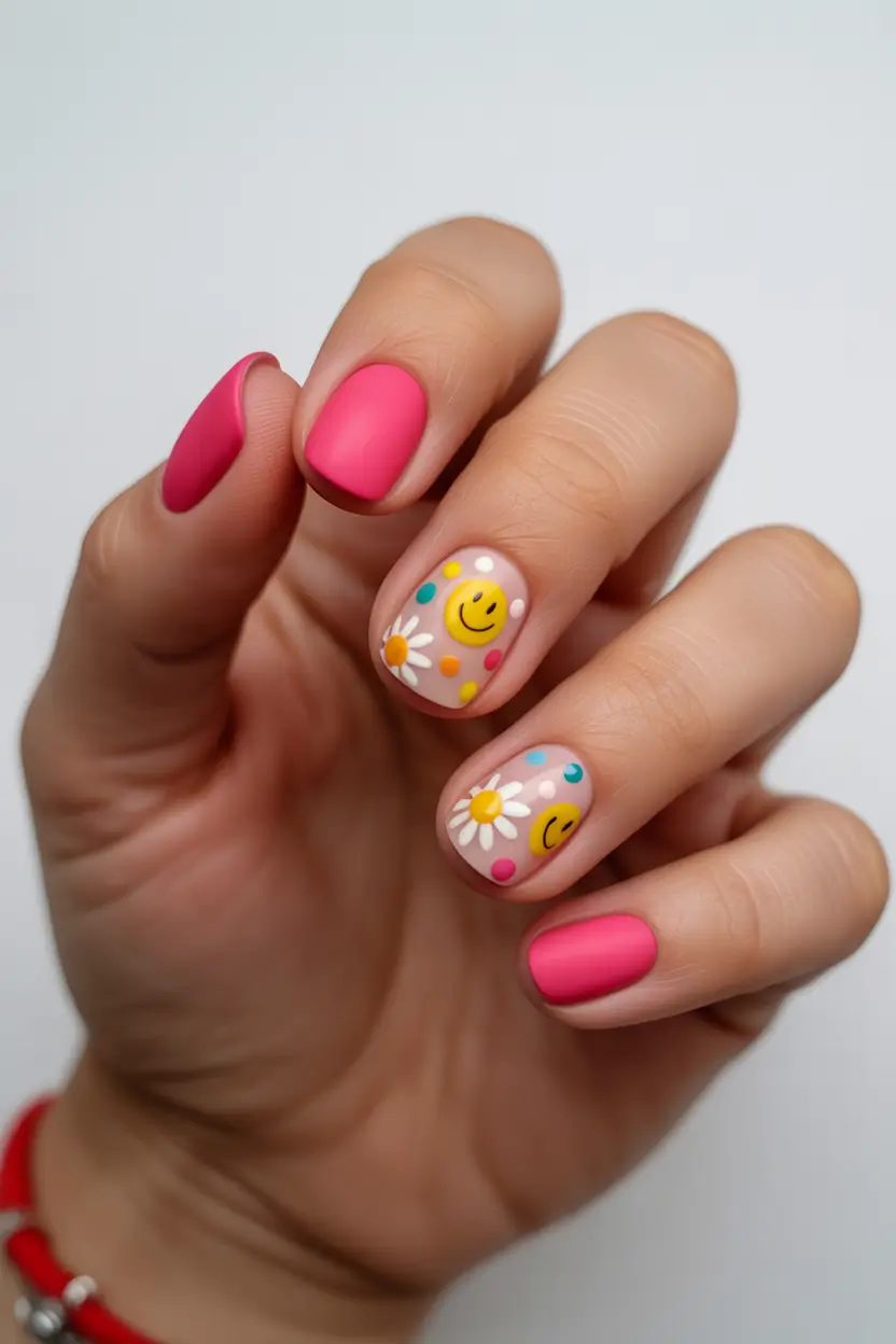 Cute Fun Spring Nails 2026 Smiley Daisy Design
