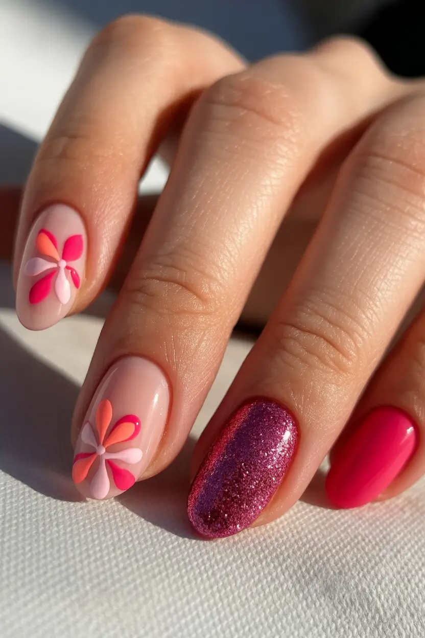 Cute Fun Spring Nails 2026 Pink Floral Accent