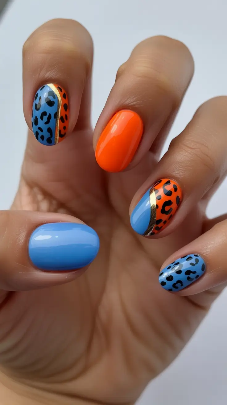 Cute Fun Spring Nails 2026 Blue Orange Short Square