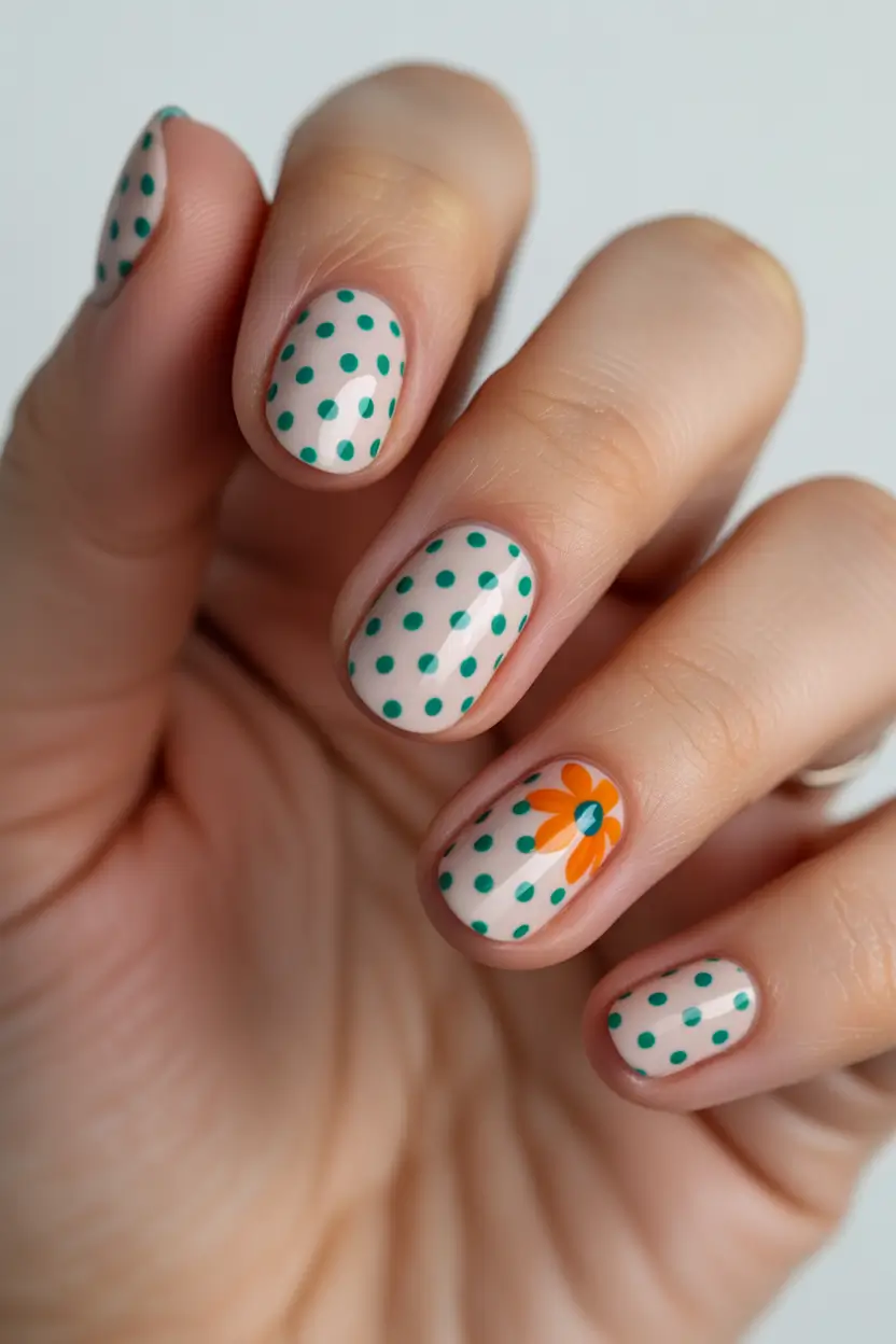 Cute Fun Spring Nails 2026 Polka Dot Floral Design