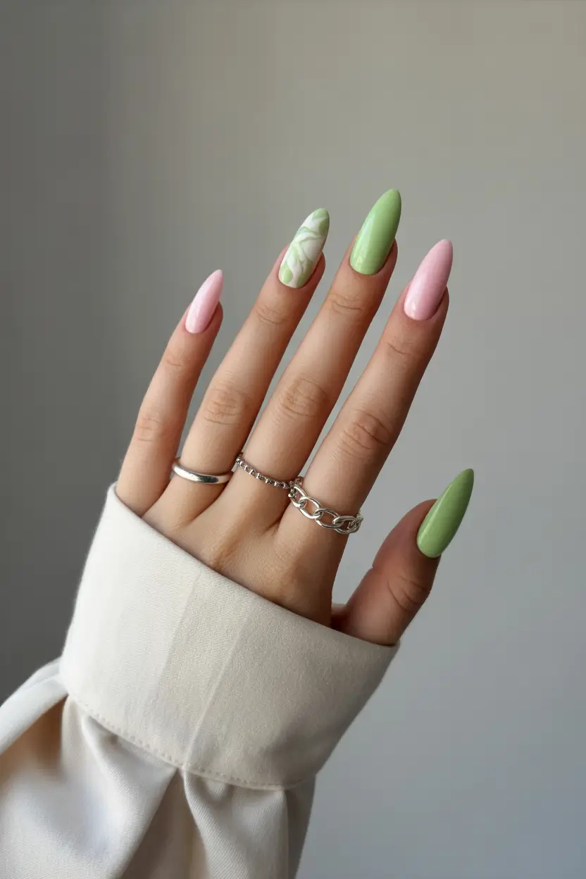 Cute Fun Spring Nails 2026 Soft Green Almond Design