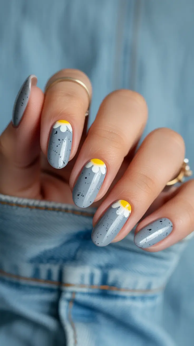 Cute Fun Spring Nails 2026 Soft Grey Floral Almond Design