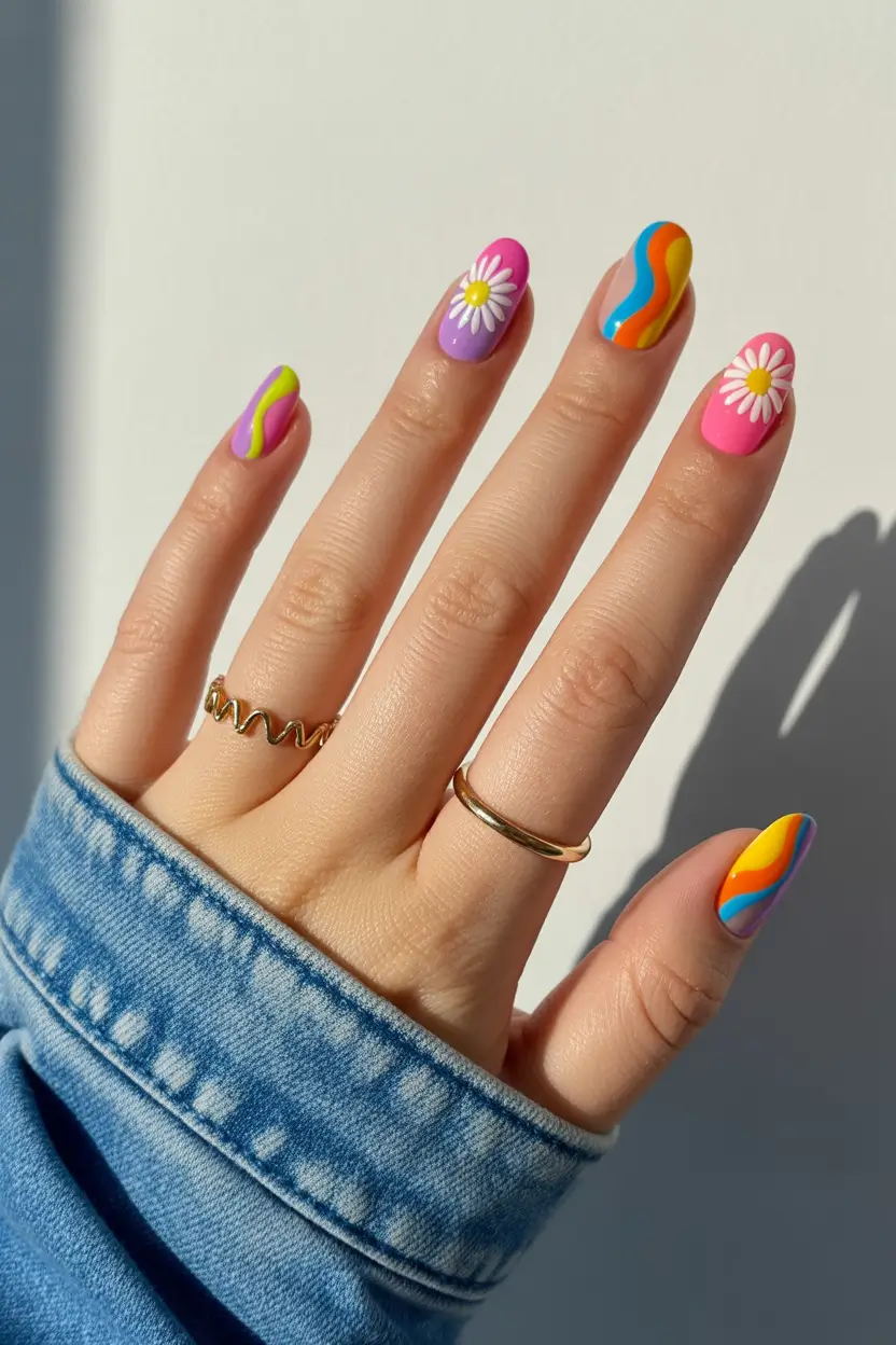 Cute Fun Spring Nails 2026 Colorful Daisy Art Design