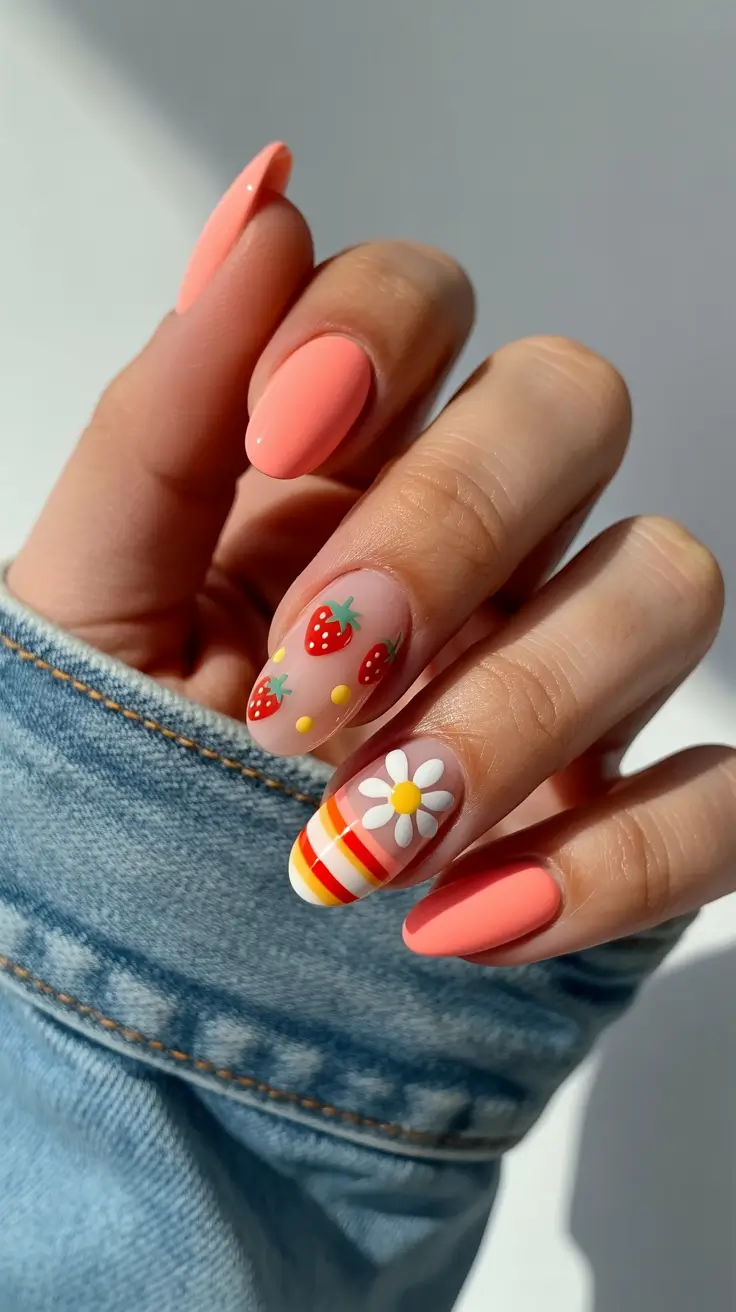 Cute Fun Spring Nails 2026 Strawberry Almond Art