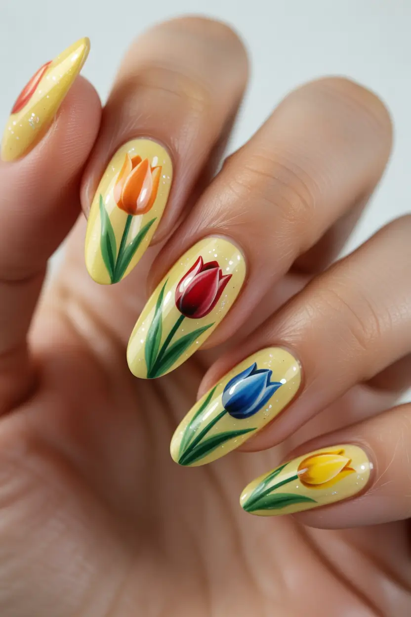 Cute Fun Spring Nails 2026 Tulip Garden Almond