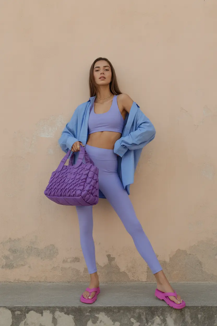 leggings outfit spring 2026 Lavender Leggings Outfit With Oversized Shirt and Pop Bag