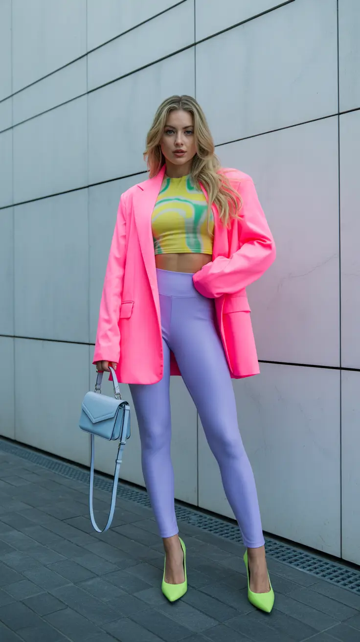 leggings outfit spring 2026 Neon Blazer With Lavender Leggings for a Bold Spring Mood