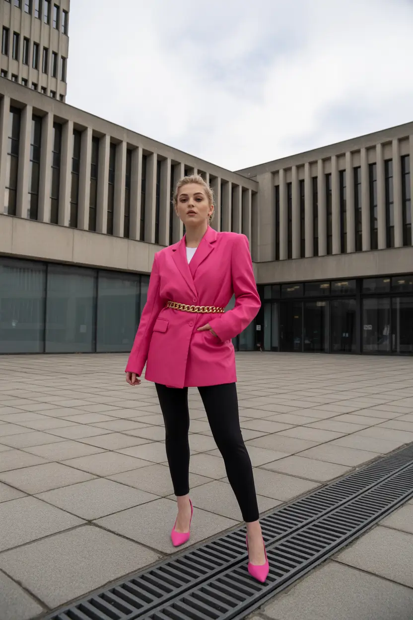 leggings outfit spring 2026 Hot Pink Work Blazer With Casual Black Leggings