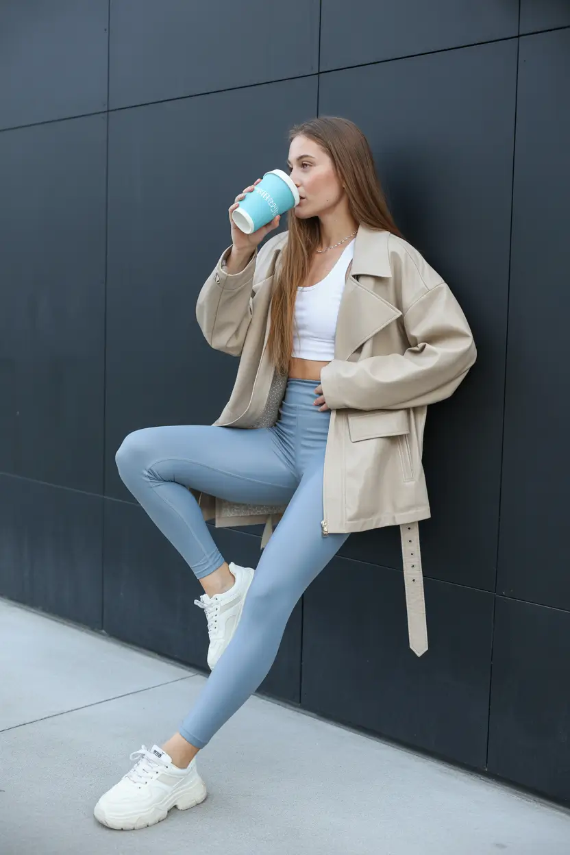 leggings outfit spring 2026 Beige Jacket With Blue Leggings for Everyday Cool