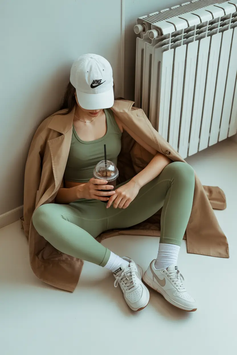 leggings outfit spring 2026 Soft Green Sporty Set With a Trench