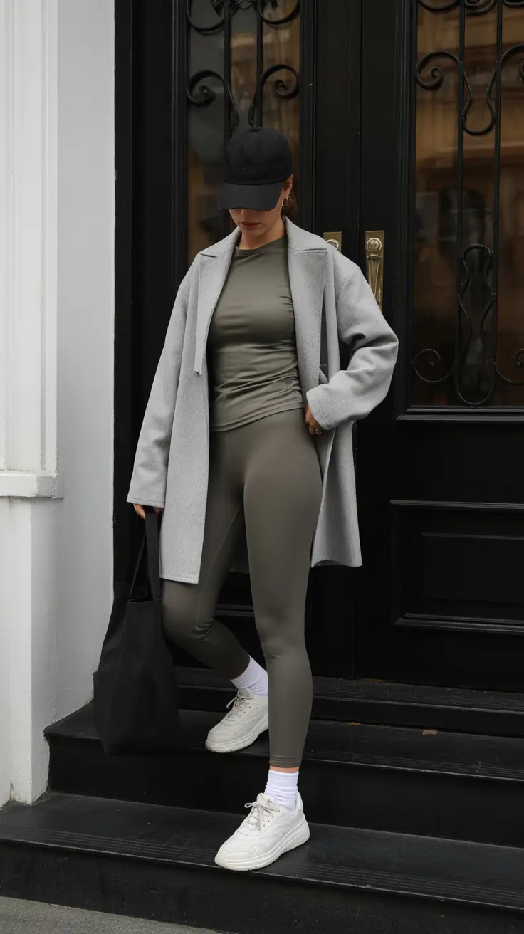 leggings outfit spring 2026 Minimal Grey Set With a Casual Black Cap
