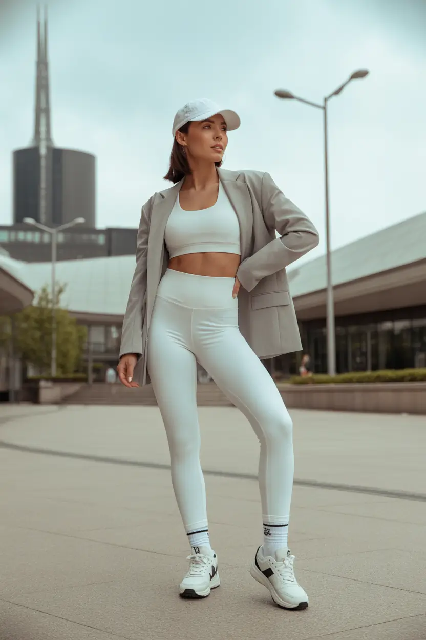 leggings outfit spring 2026 Fresh White Leggings Outfit With Blazer Energy