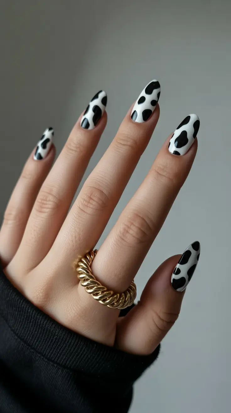 spring almond nails 2026 Classic Black and White Cow Print Almond Nails
