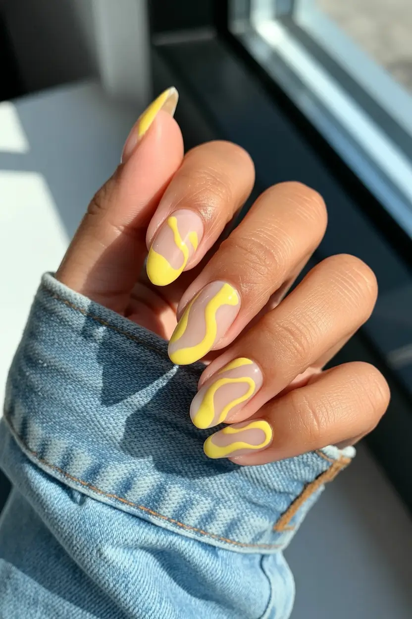 spring almond nails 2026 Pastel Yellow Swirl Almond Nails With Soft Shine