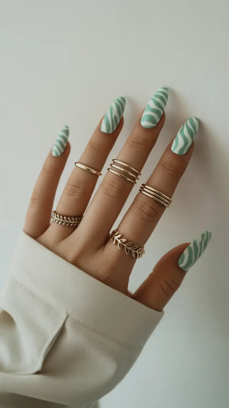spring almond nails 2026 Mint Green Wave Pattern Almond Nails