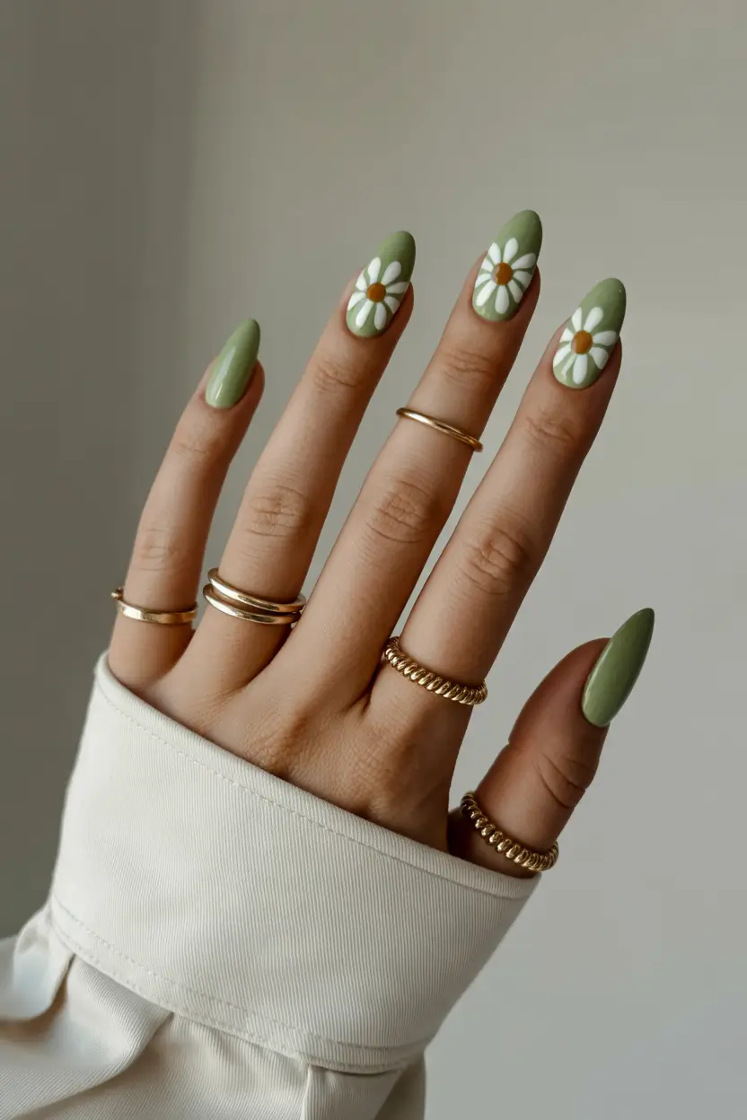 spring almond nails 2026 Olive Green Almond Nails With Daisy Accents