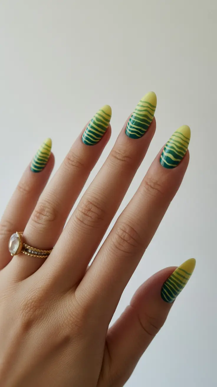spring almond nails 2026 Yellow and Green Striped Almond Nails With Gradient Effect