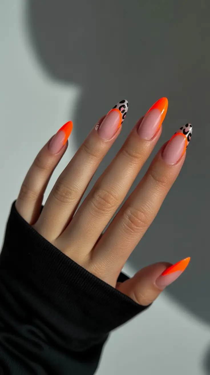 spring almond nails 2026 Neon French Tips with Leopard Spring Energy