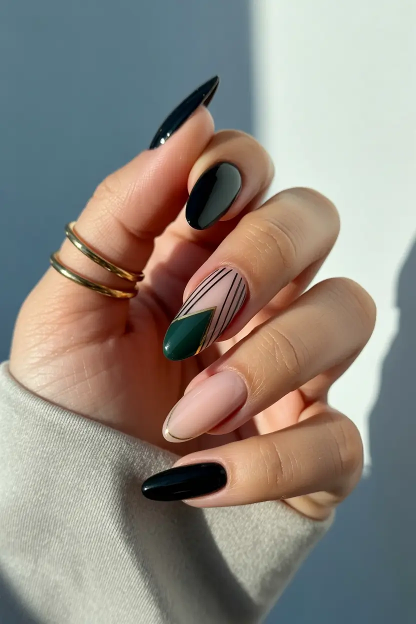 spring almond nails 2026 Minimal Green Geometry on Almond Nails