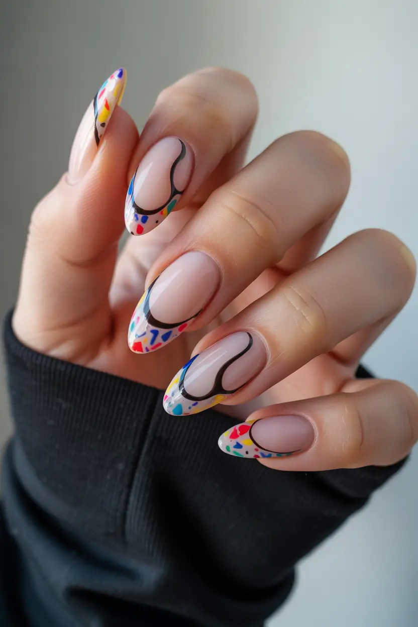 spring almond nails 2026 Playful Pastel Confetti with Abstract Lines