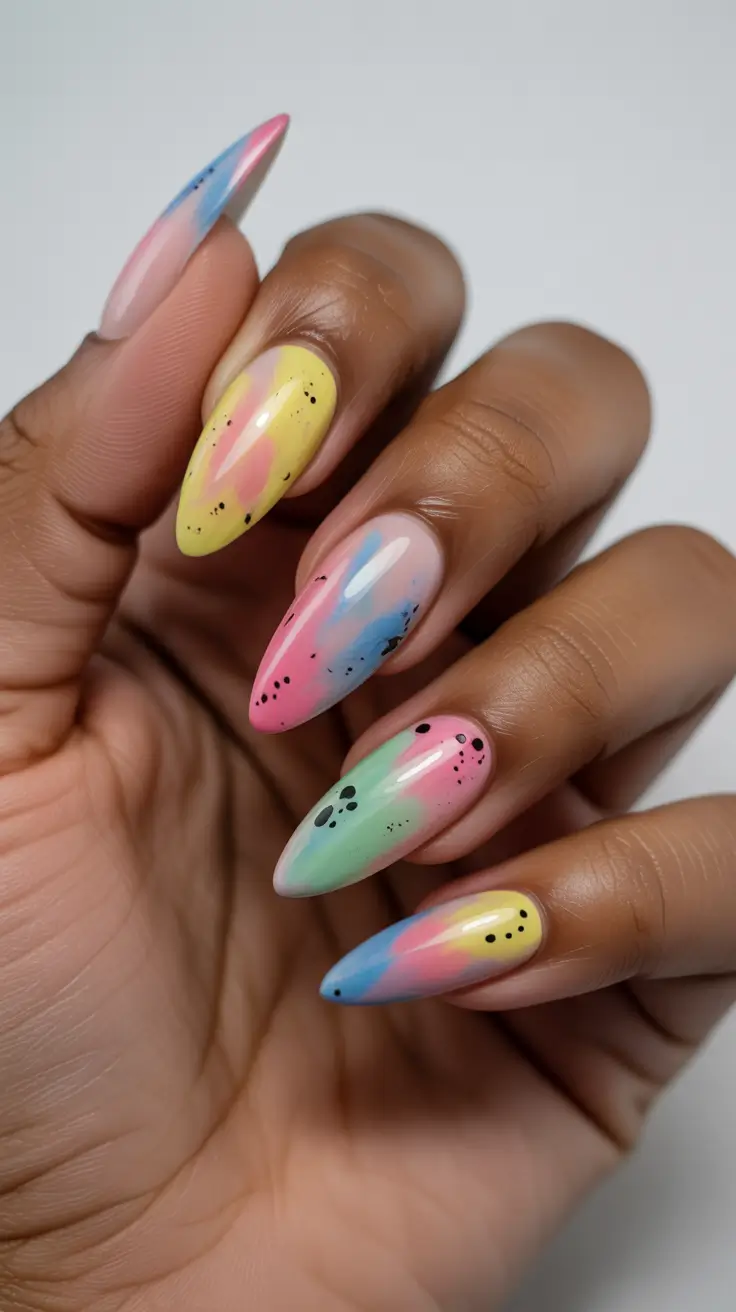 spring almond nails 2026 Pastel Watercolor Almond Nails with Soft Speckles