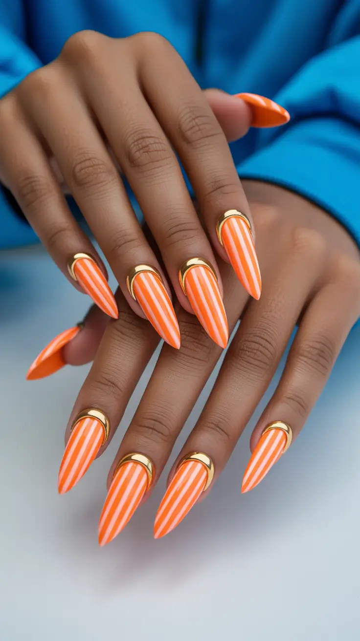spring almond nails 2026 Orange Striped Almond Nails with Gold Details